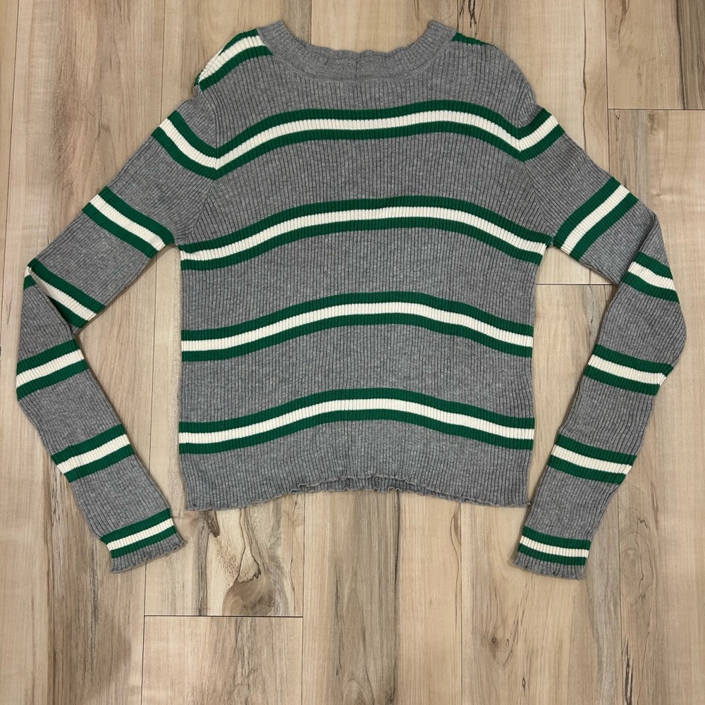 BP. gray white green striped sweater